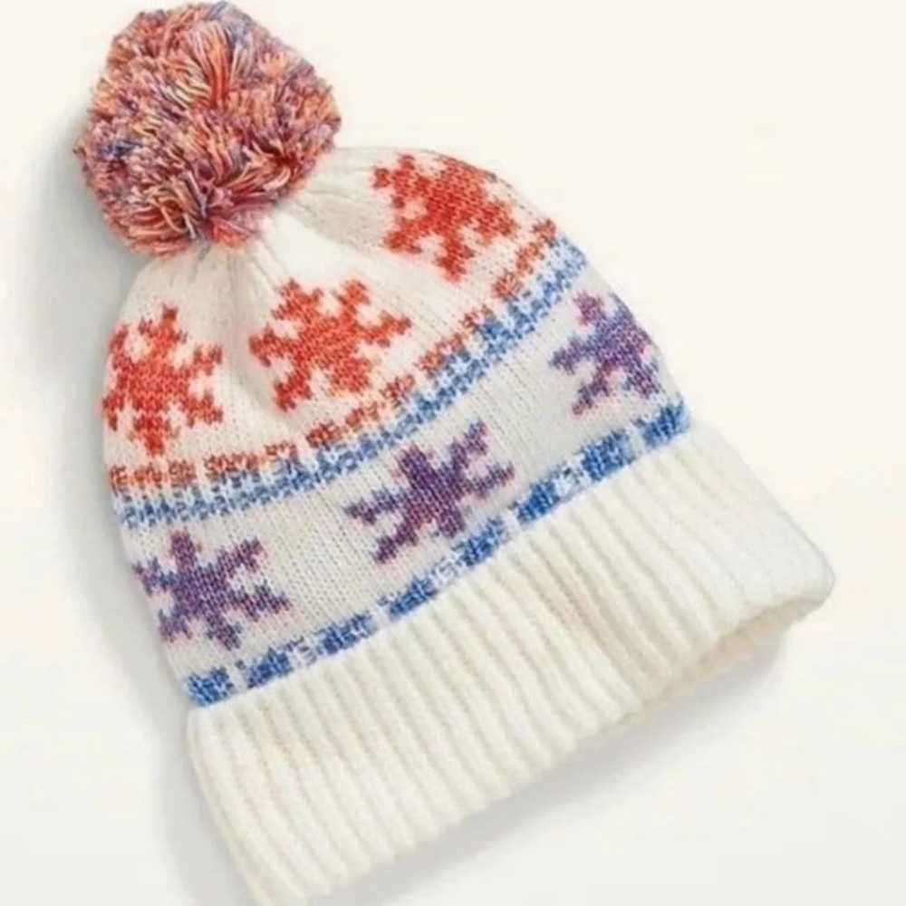 Super Soft Fair Isle Pom Beanie Hat Confetti Snowflakes Old Navy/GAP BNWT SO